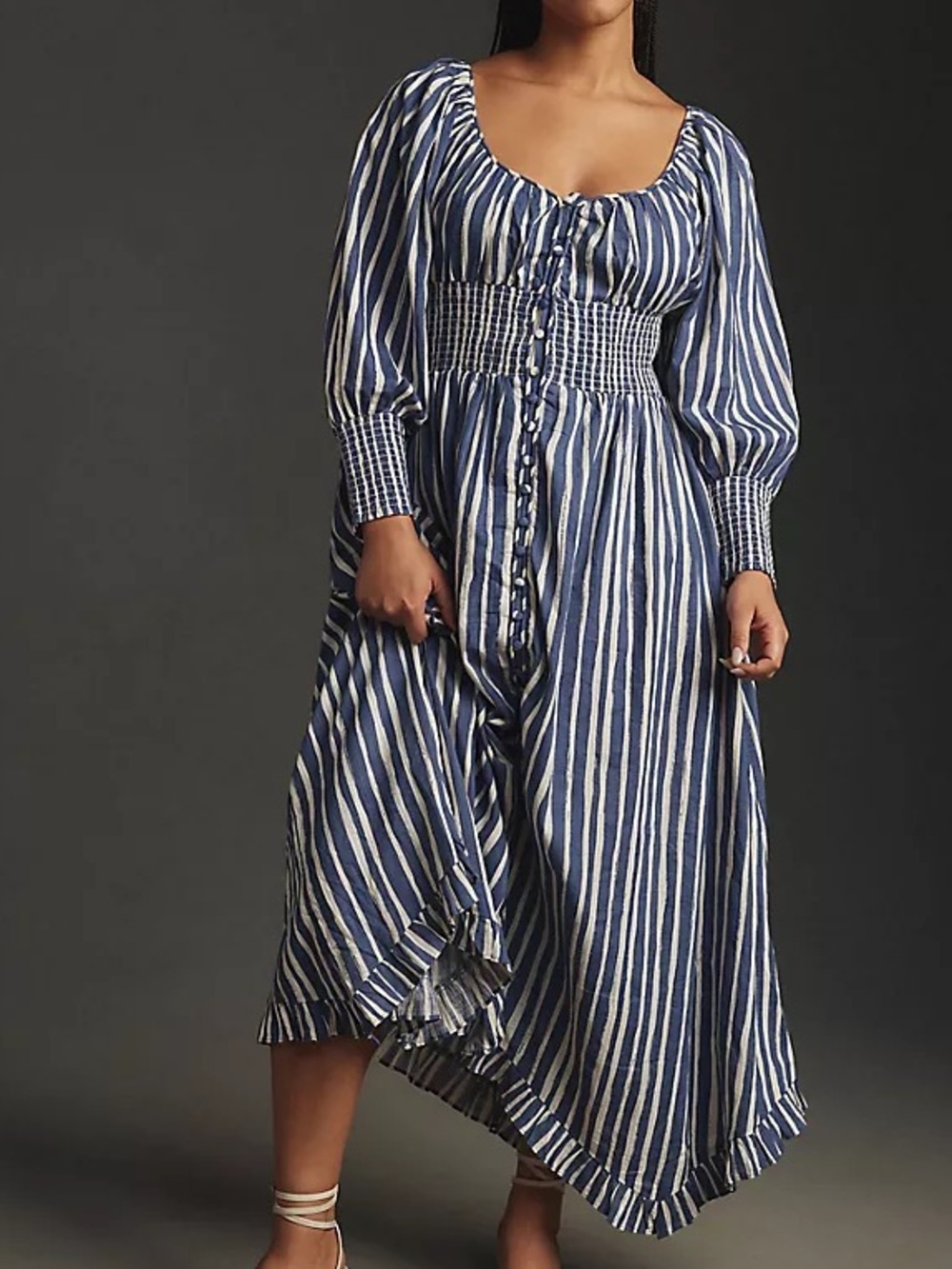 Anthropologie Long Sleeve Sweetheart Midi Dress Blue White Striped Small Petite